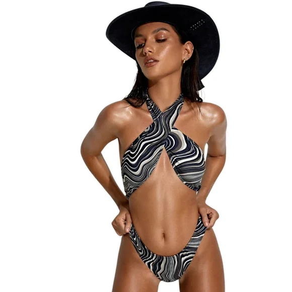 Motel Rocks 'Ricky' 70's Ripple Brown Swirl Swimsuit, Small, Brown/Black/Cream