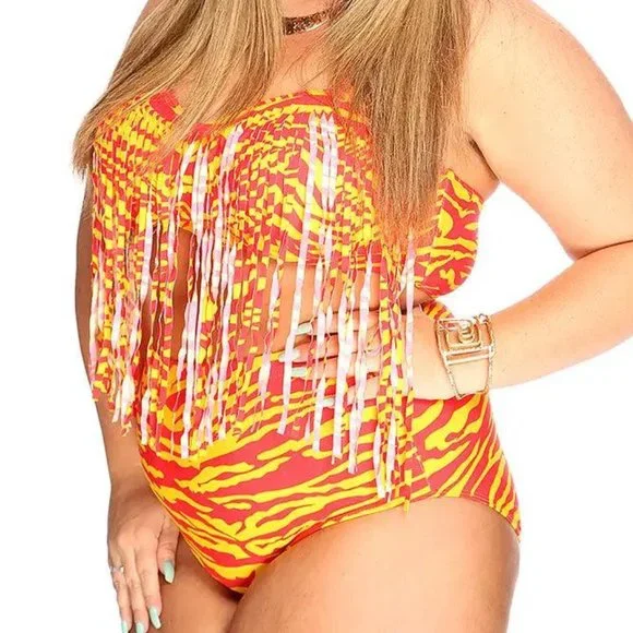 NEW 2 Piece Zebra Print‎ Fringe Accent Plus Size High Waist Swimsuit, size XXL