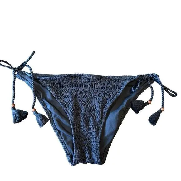 Victorias Secret Black Crocheted Side Tie Beaded Cheeky Swim Bikini Bottom Large