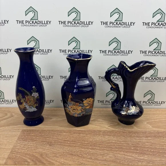 Vintage Cobalt Blue Gold Peacock Porcelain Bud Vase Set 3 Chinoiserie Floral