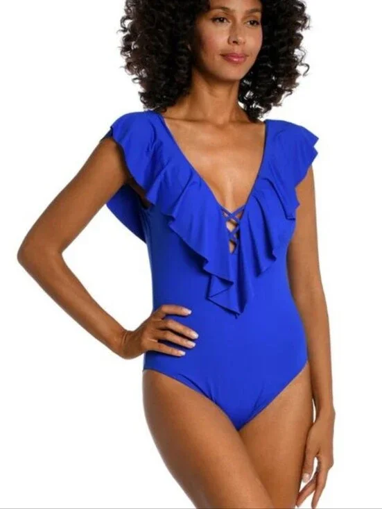 NWT La Blanca Island Goddess Sapphire Ruffled V-Neck One-Piece Swimsuit Size 4