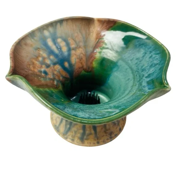 Ikebana Signed Pottery Vase W/ Pin Frog 5” x 3”