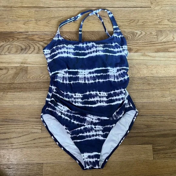 Nautica Womens Tie Dye‎ One Piece Swimsuit Blue White Ruched Shelf Bra XL