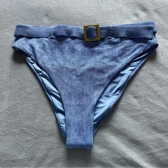 NWOT, We Wore What heathered blue hi cut belted adjustable waist swim bottoms, M