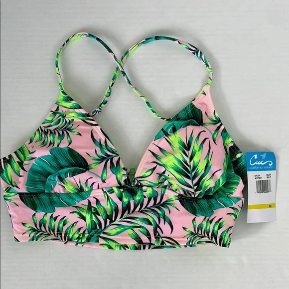 California Waves Pink and Green Palm Leaf Bikini Swimwear Top Medium