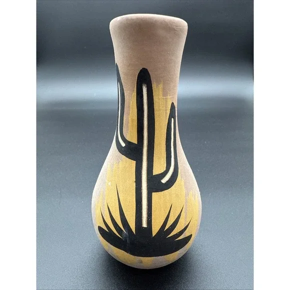 Mini‎ Mexican Style Cactus Carved Pottery Vase Hand Painted 4.5 In Signed AZ.