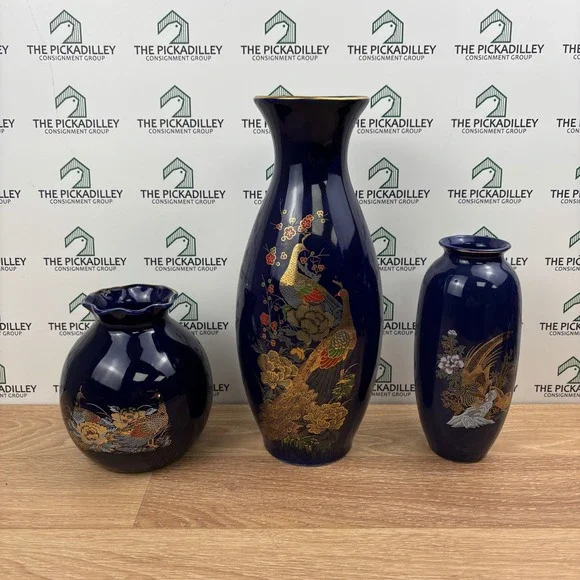 Ray Control Japan Cobalt Blue Gold Peacock Porcelain Vase Set 3 Piece Vintage