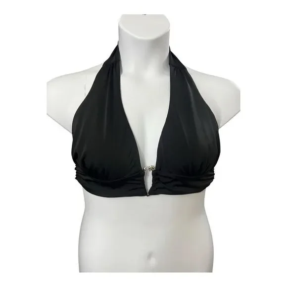 Venus Black Plunge  Halter Swimsuit Bra Bikini Top Size 14 Silver Accent