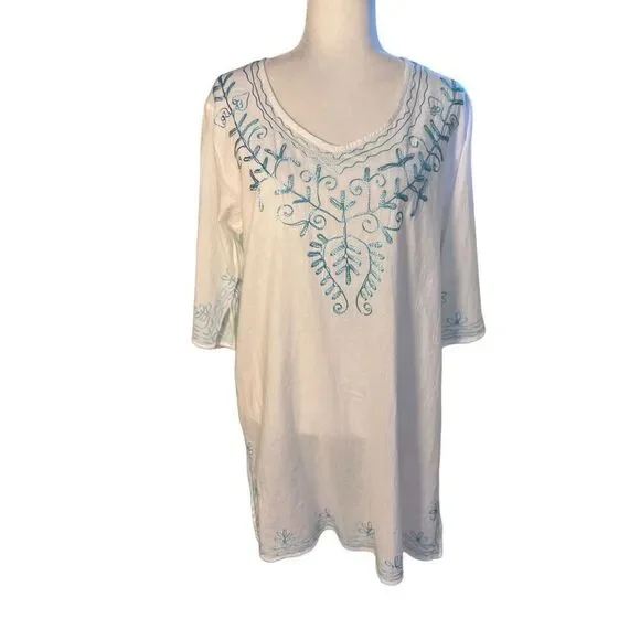 Beach by Exist white cotton  swim coverup with aqua embroidery -M