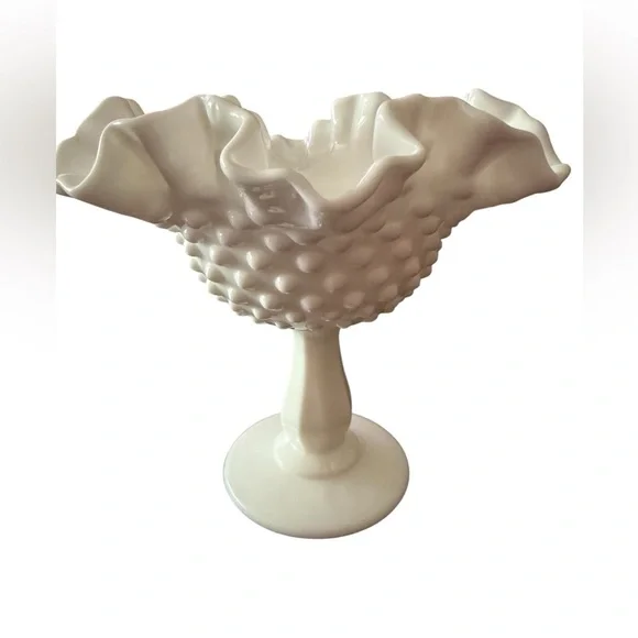 Vintage Fenton Hobnail Milk Glass Compote Vase with Paneled Stem