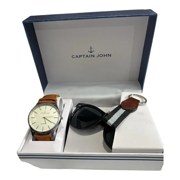 Captain John Men’s Watch, Sunglasses and Keychain Set Brown and Black NIB