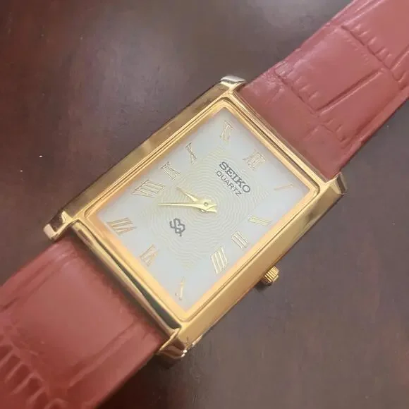 Seiko Gold Watch with Tan Leather Strap Rare Vintage