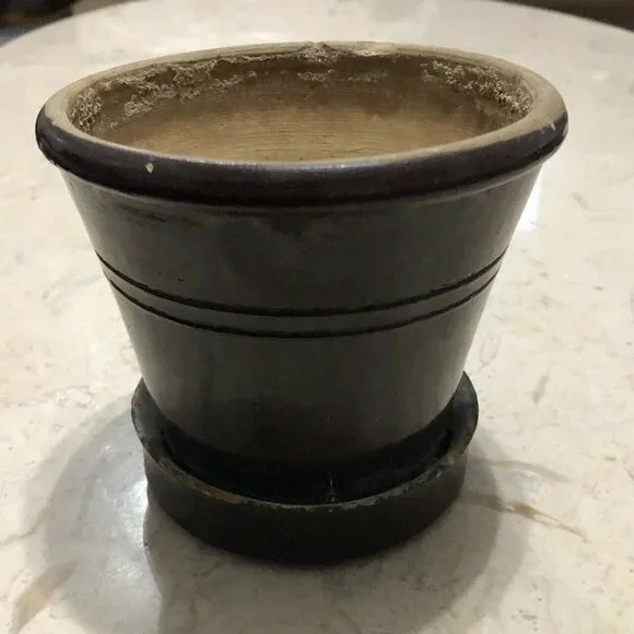 Vintage Pottery Planter with attached Saucer Brown Glaze Primitive