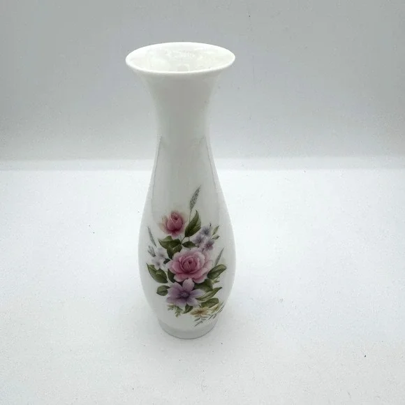 Vintage Floral White Porcelain Bud Vase Transferware MCM Taiwan Cottagecore