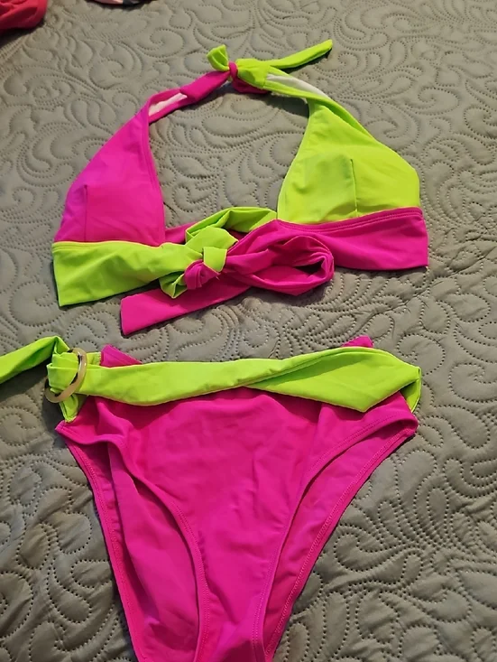 Neon Two-Tone Halter Bikini Set - Hot Pink & Lime