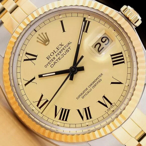 Rolex Men's Champagne 18k Gold Black Roman Watch