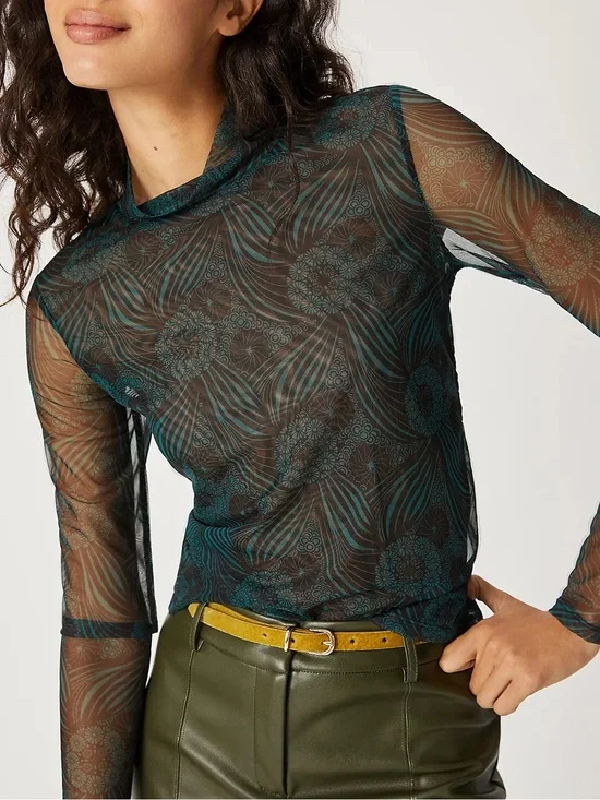 Anthropologie Gauzy Turtleneck Sheer Mesh Teal Green Black Floral Size M