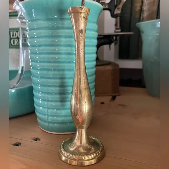 2/$30 Vintage Mini Brass Bud Vase 5.5” Tall 2 and 7/8’s” Base Patina Finish