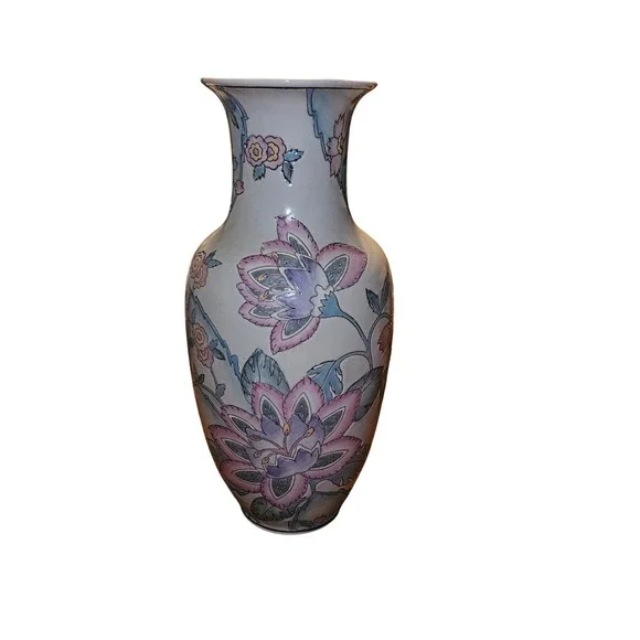 Vintage 1980s WBI Chinese Porcelain Floral Vase Pink Blue 12 Inch Baluster