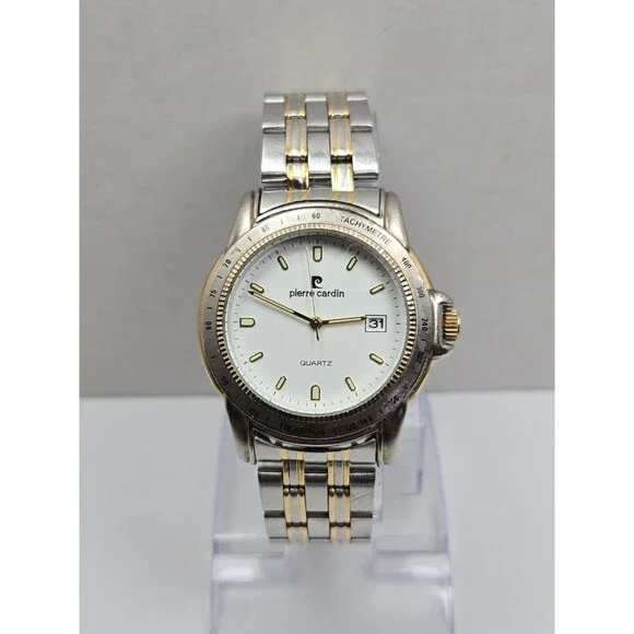 Pierre Cardin Mens Tachymeter Date 41mm Watch Two Tone Silver Gold New Battery