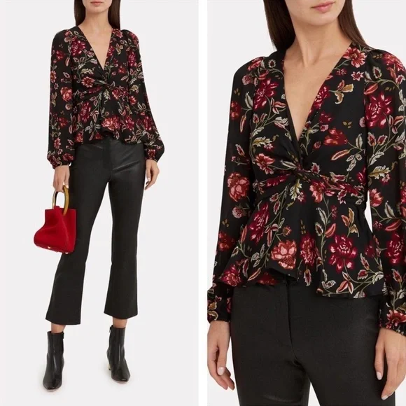 A.L.C. The Logan Twist Front Long Sleeve Silk Blouse in Floral, size 8
