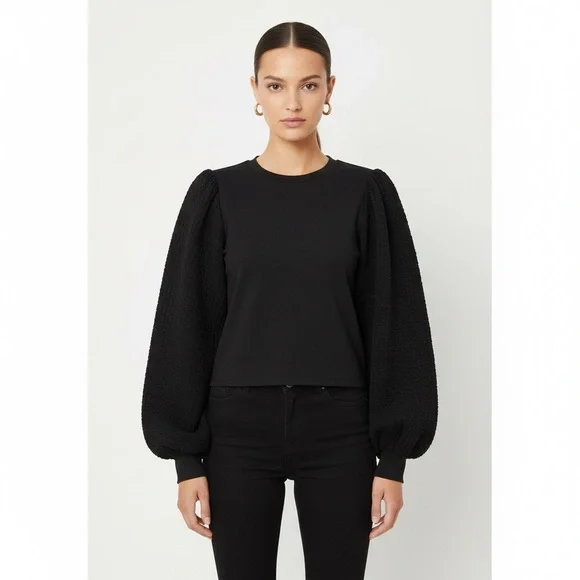 Bershka Blouse Long Puff Textured Sleeve Cropped Black Party Y2K Knit Top Size L