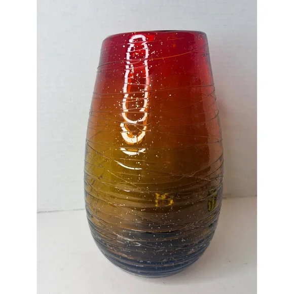 Hand Blown Art Glass Vase Red Amber Ombre Textured Spiral Threading 9.5