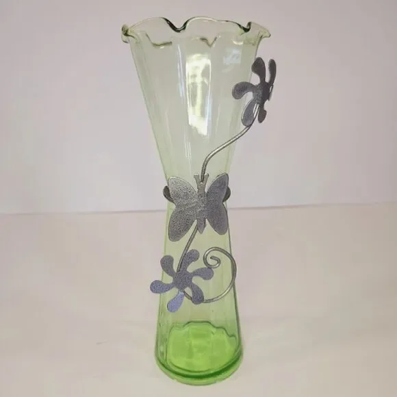 Vintage Green Stretch Glass Ruffled Rim Metal Floral Embellished Bud Vase