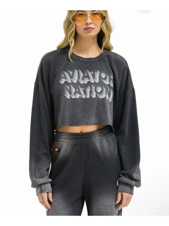 Aviator Nation 3D Cropped Crew Faded Smoke Relaxed Sweatshirt Sz Large