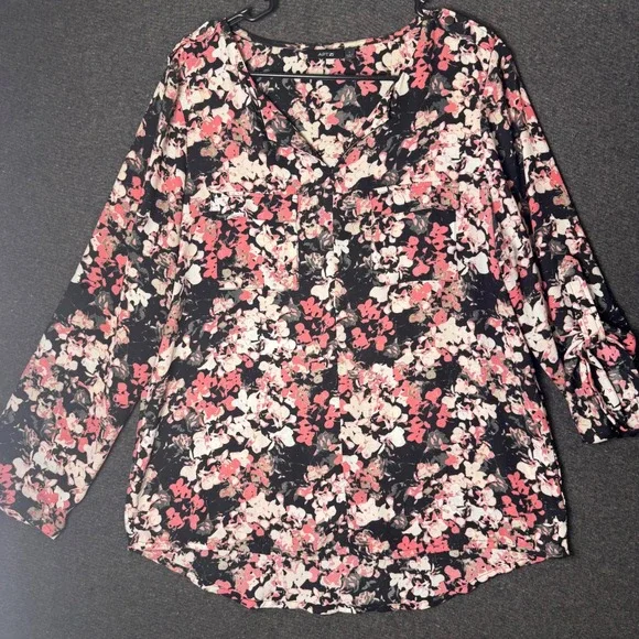Womens‎ L Floral Roll Tab Sleeve Blouse Pink Black V-Neck Top sheer lightweight
