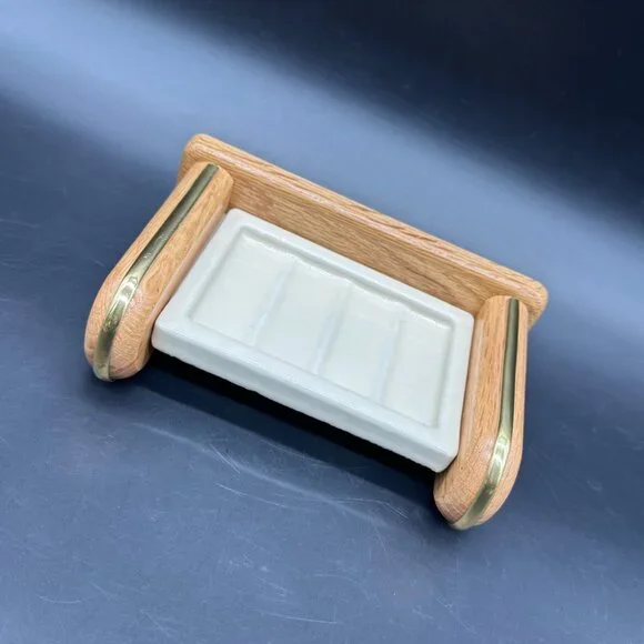 Vintage Wall Mount Soap Dish Ceramic Wood 1980s Taiwan Retro Bathroom Accessory