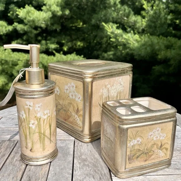 Croscill Narcissus Orchid Gold 3 Piece Bathroom Set Soap Pump Tissue Toothbrush