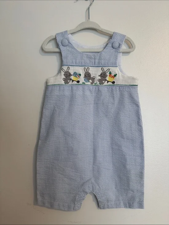 Mudpie Blue Smocked Striped Baby Romper with Bunny Embroidered Panel