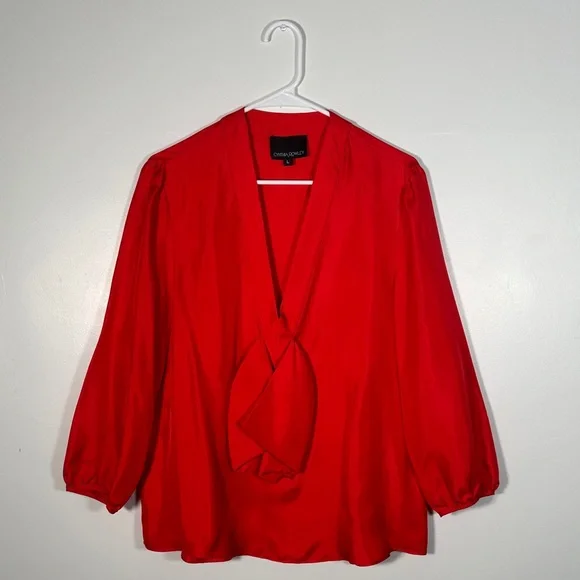 Cynthia Rowley Red 100% Silk Blouse L Elegant V-Neck Tie Front Statement Top