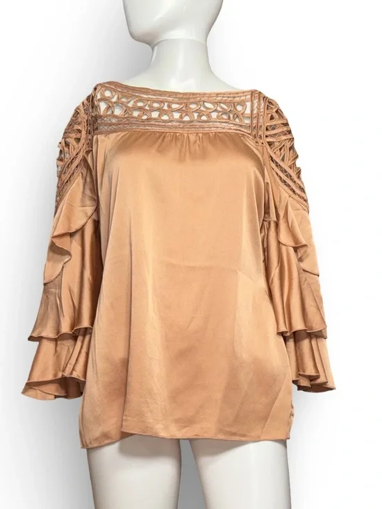 Boston Proper Champagne Satin Cold Shoulder Tiered Sleeve Blouse - Size 2
