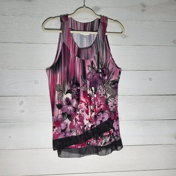 Y2k Dressbarn Top Sleeveless Floral Asymetrical Sheer Hem Whimsigoth Fairycore