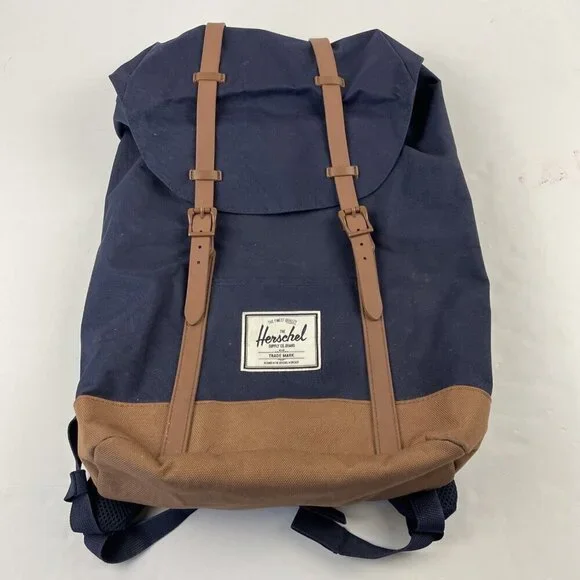 Herschel Retreat Backpack Top Load Navy Brown Canvas Padded Fleece Laptop Sleeve