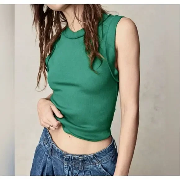 Free People We The Free Kate Ribbed stretch Tank top in Kelly green L NWOT