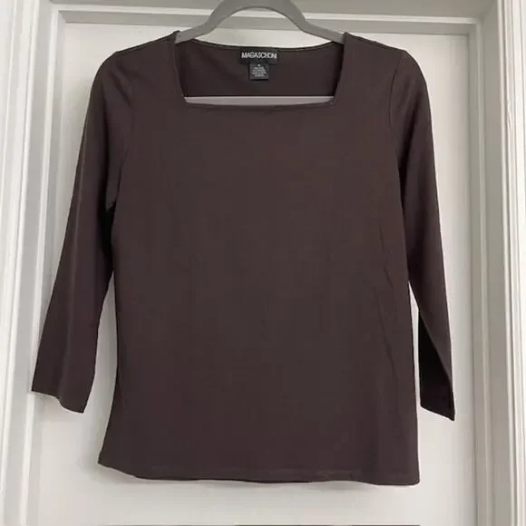 Magaschoni Square Neck Silk 3/4 Sleeve Blouse Brown Casual Minimalist Basic Sz S