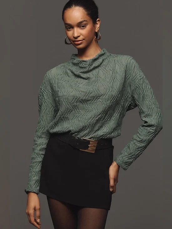 Anthropologie Textured Funnel-Neck Top in Dark Green