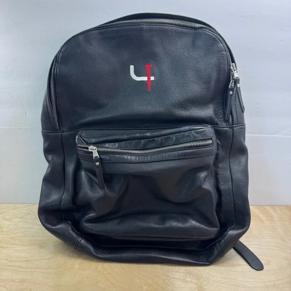 FH Wadsworth Black Leather Backpack Short Par 4 Logo Laptop Sleeve Frayed *READ*