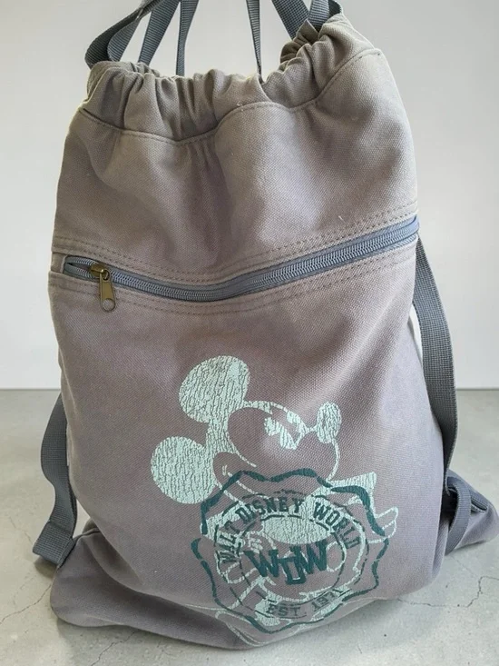 Disney World Backpack Distressed Denim Grey Drawstring Vintage Style Bag