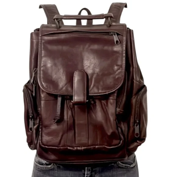 Vintage Dark Brown Merlot Ox Blood Leather Distressed Unisex Utility Backpack