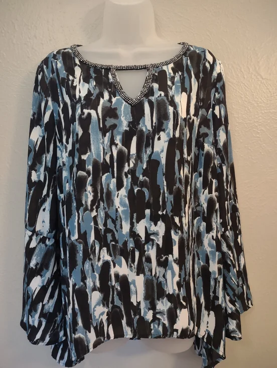 Juicy Couture Blue Abstract Print Rhinestone Keyhole Bell Sleeve Blouse Large