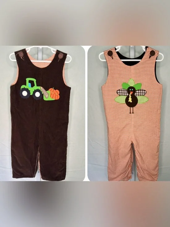 Kellys Kids Reversible Thanksgiving Longall Turkey Tractor Pumpkin Overalls 2T