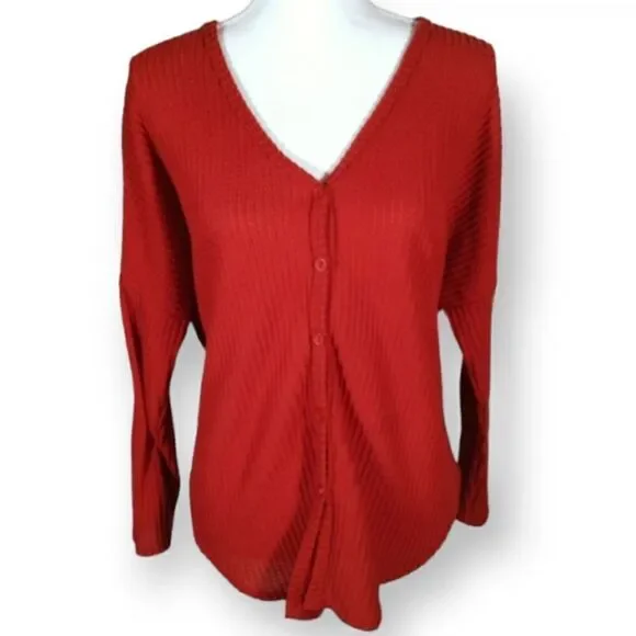 LIVE IN THE MOMENT BURNT ORANGE WAFFLE KNIT V-NECK SWEATER SZ.M EUC