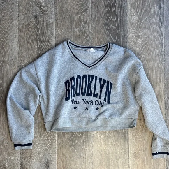 Grey Brooklyn NYC Sweatshirt with Navy Neck Stripe 0424