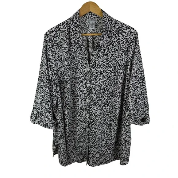 Catherines Black‎ Floral Button Down Shirt Size 1X Comfy Stretch Office Neutral