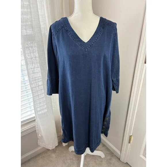 Soft Surroundings Blue Denim V Neck Dress Large Quarter Sleeve Beach Summer 145