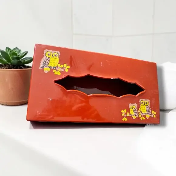 Vintage 1970s Wolff Products Owl Tissue Box Cover Burnt Orange Plastic Hinged